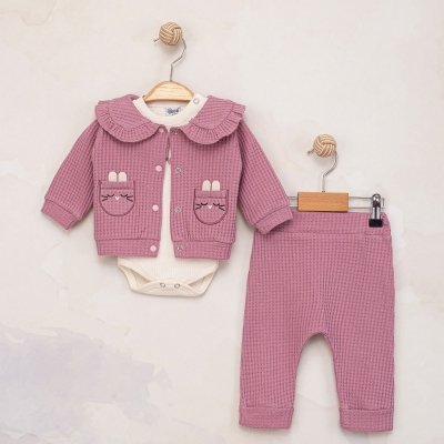 Kız Bebek Waflle Kumaşlı- Fırfır Yakalı-zıbınlı 3lü Takım - 4. görsel