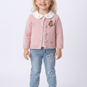 Kız Bebek Hırkalı-v Yaka Süveterli- Uzun Kol Gömlekli -çiçek İşlemeli- Kot Pantolonlu Takım - Almira Bebek