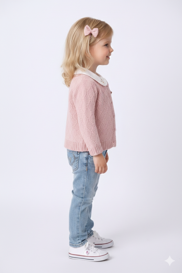 Kız Bebek Hırkalı-v Yaka Süveterli- Uzun Kol Gömlekli -çiçek İşlemeli- Kot Pantolonlu Takım - 2. görsel