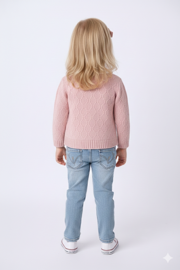 Kız Bebek Hırkalı-v Yaka Süveterli- Uzun Kol Gömlekli -çiçek İşlemeli- Kot Pantolonlu Takım - 3. görsel