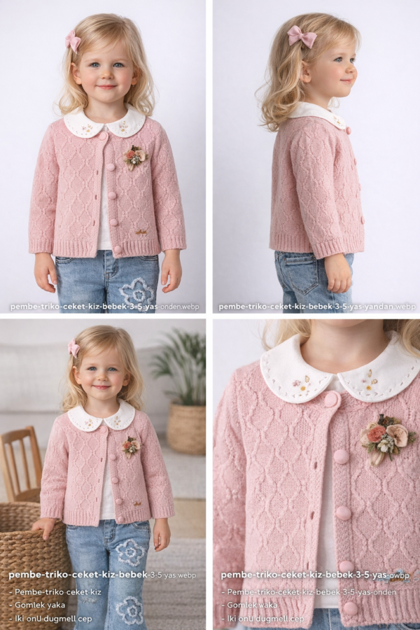 Kız Bebek Hırkalı-v Yaka Süveterli- Uzun Kol Gömlekli -çiçek İşlemeli- Kot Pantolonlu Takım - 4. görsel