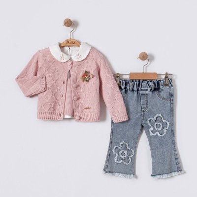 Kız Bebek Hırkalı-v Yaka Süveterli- Uzun Kol Gömlekli -çiçek İşlemeli- Kot Pantolonlu Takım - 5. görsel