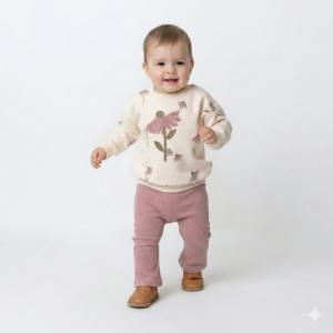 Kız Bebek Çiçek Detaylı- Kadife Taytlı Krem Renk Takım - Almira Bebek