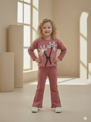 Kız Çocuk Çiçek Detaylı-prenses Kollu -ispanyol Paçalı Takım - Almira Bebek