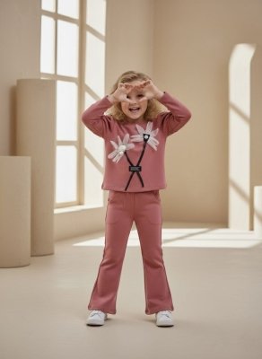 Kız Çocuk Çiçek Detaylı-prenses Kollu -ispanyol Paçalı Takım - 2. görsel