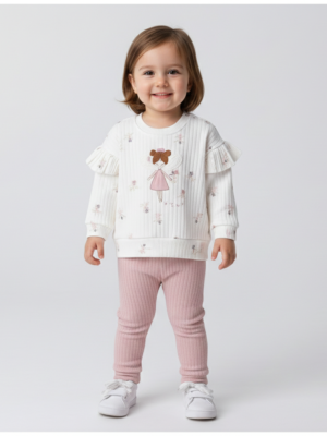 Kız Bebek Kanatlı Prenses Detaylı Uzun Kollu Omuz Kısmı Fırfırlı Pamuklu Takım - Almira Bebek