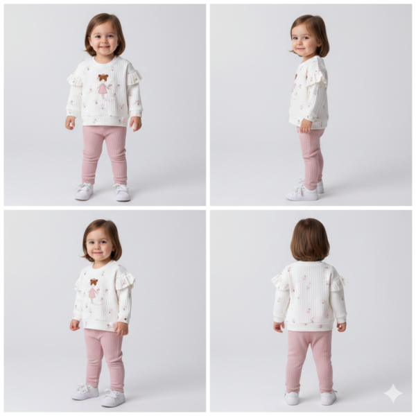 Kız Bebek Kanatlı Prenses Detaylı Uzun Kollu Omuz Kısmı Fırfırlı Pamuklu Takım - 4. görsel