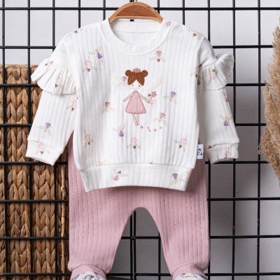 Kız Bebek Kanatlı Prenses Detaylı Uzun Kollu Omuz Kısmı Fırfırlı Pamuklu Takım - 5. görsel