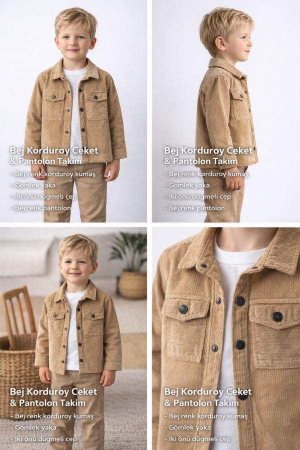 Erkek çocuk kahve kadife gömlek uzun kollu body kanvas pantolon takım - Gorsel 6