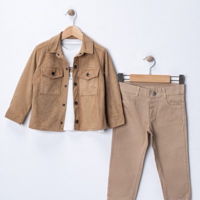 Erkek çocuk kahve kadife gömlek uzun kollu body kanvas pantolon takım - Gorsel 7