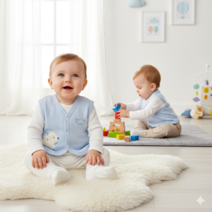 Erkek Bebek Civciv Baskılı Kapitone Mavi Yelek Bebek Giyim Rahat Tasarım