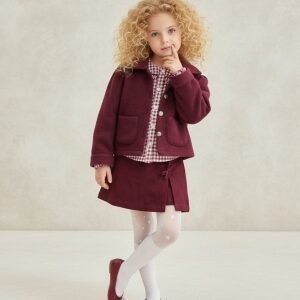 Kız Çocuk Kaşe Ceketli -ekose Gömlekli- Kot Etekli Bordo Renk Takım - Almira Bebek