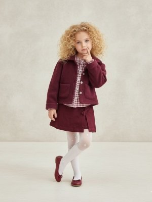 Kız Çocuk Kaşe Ceketli -ekose Gömlekli- Kot Etekli Bordo Renk Takım - Almira Bebek