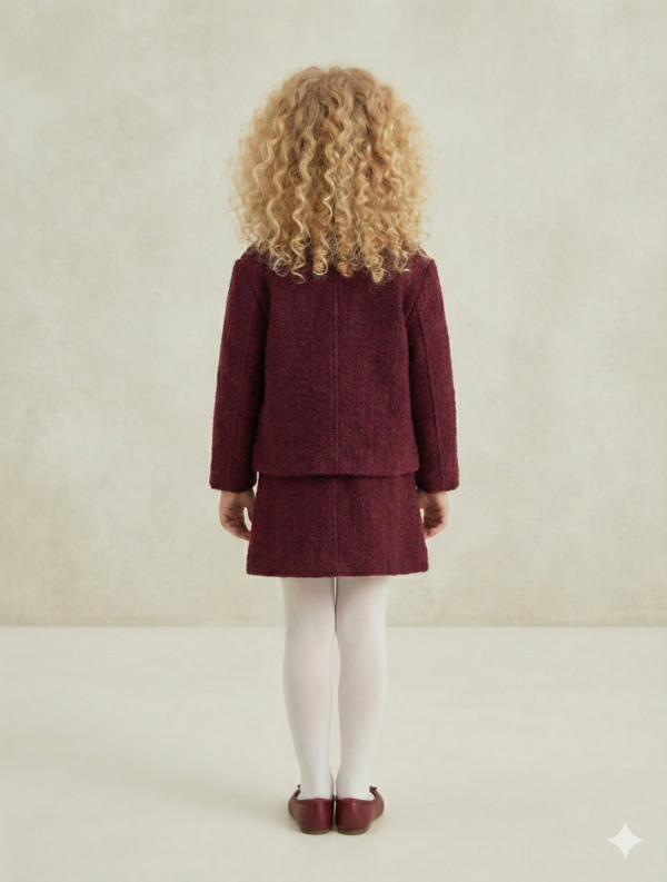 Kız Çocuk Kaşe Ceketli -ekose Gömlekli- Kot Etekli Bordo Renk Takım - 2. görsel