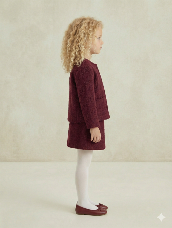 Kız Çocuk Kaşe Ceketli -ekose Gömlekli- Kot Etekli Bordo Renk Takım - 3. görsel