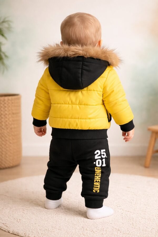 Bebek Kışlık Takım 3 Parça Erkek Bebek Renkli Şişme Mont Sweatshirt Alt - Gorsel 4