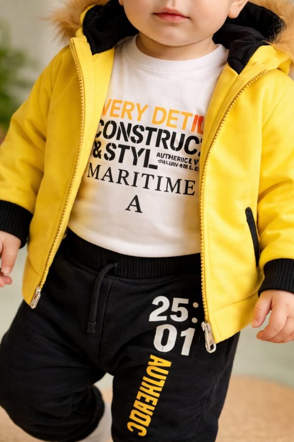 Bebek Kışlık Takım 3 Parça Erkek Bebek Renkli Şişme Mont Sweatshirt Alt - Gorsel 3