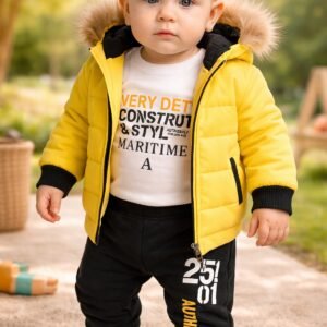 Bebek Kışlık Takım 3 Parça Erkek Bebek Renkli Şişme Mont Sweatshirt Alt