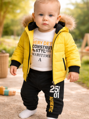 Bebek Kışlık Takım 3 Parça Erkek Bebek Renkli Şişme Mont Sweatshirt Alt