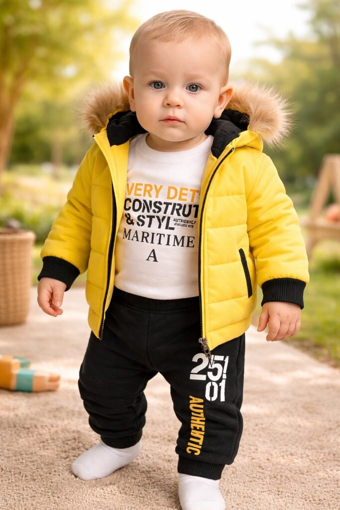 Bebek Kışlık Takım 3 Parça Erkek Bebek Renkli Şişme Mont Sweatshirt Alt