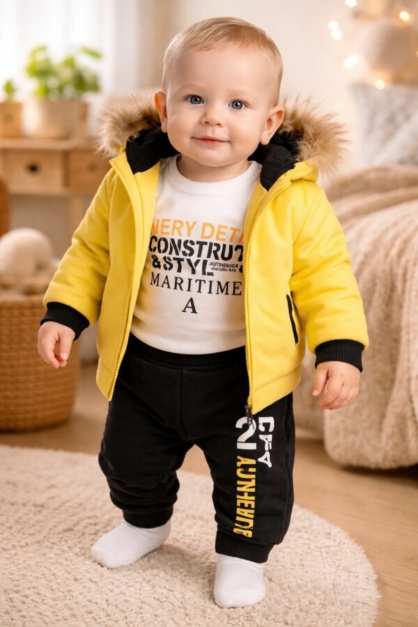 Bebek Kışlık Takım 3 Parça Erkek Bebek Renkli Şişme Mont Sweatshirt Alt - Gorsel 2
