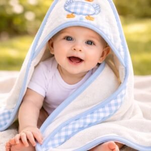 Bebek Havlusu Erkek Çocuk Ördek Nakışlı Pamuklu Bebek Havlusu, Bebek Banyo Ürünleri, Yumuşak ve Emici