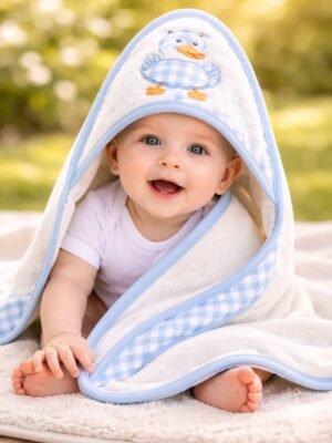 Bebek Havlusu Erkek Çocuk Ördek Nakışlı Pamuklu Bebek Havlusu, Bebek Banyo Ürünleri, Yumuşak ve Emici