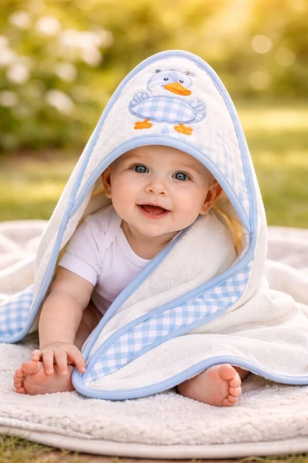 Bebek Havlusu Erkek Çocuk Ördek Nakışlı Pamuklu Bebek Havlusu, Bebek Banyo Ürünleri, Yumuşak ve Emici - Gorsel 2