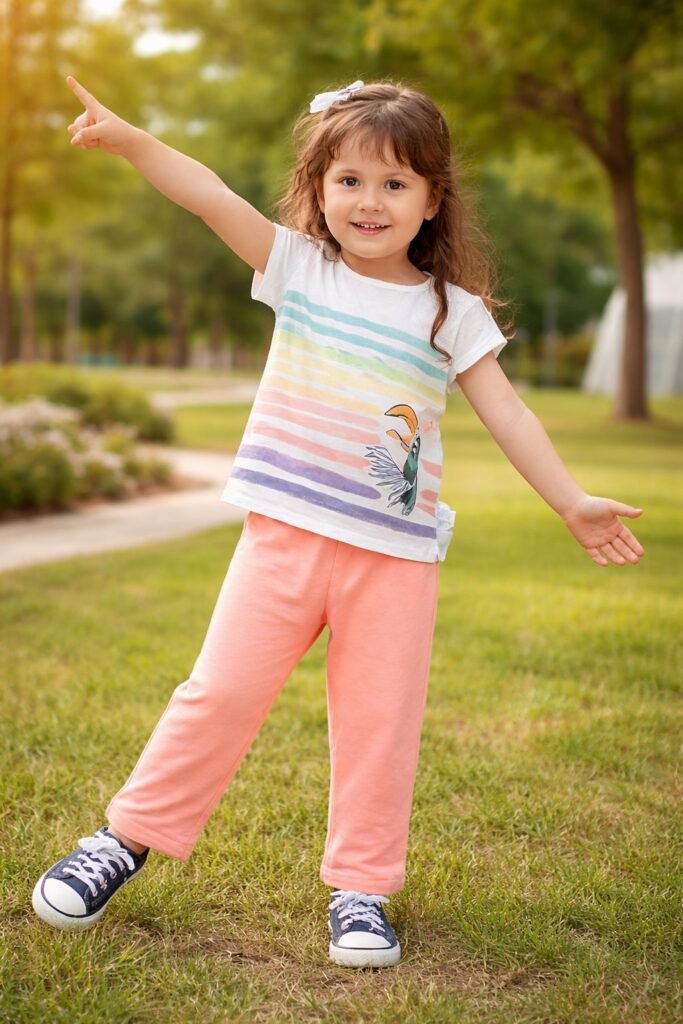 Cicihlid Desenli Kız Çocuk Takımı, Pamuklu ve Kuş Baskılı Giyim, Rahat ve Şık Tasarım