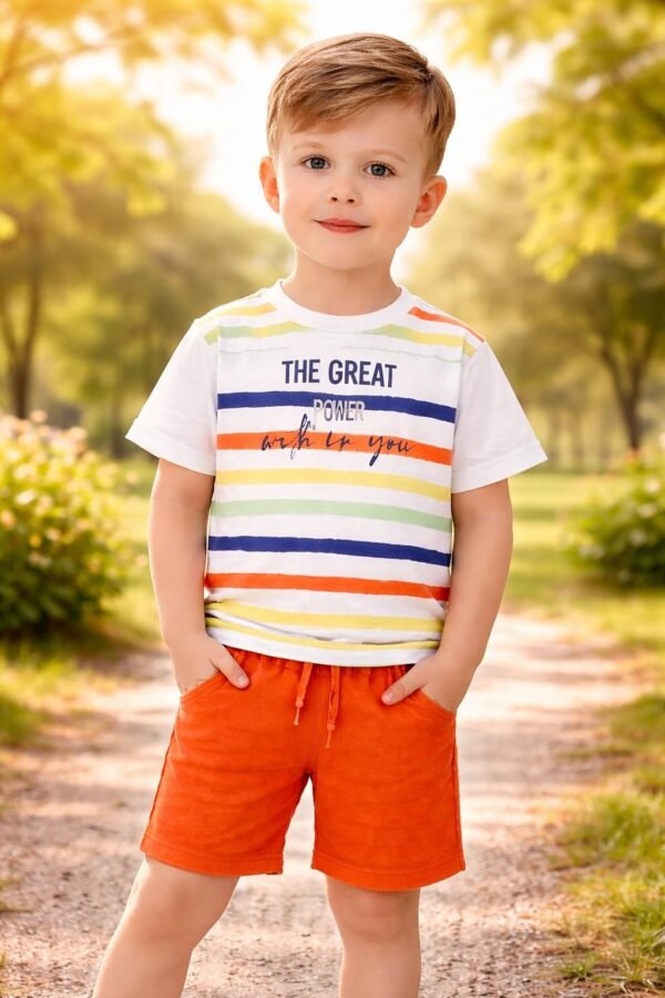 Çizgili Tişört ve Turuncu Şort Erkek Çocuk Takımı rahat hareket özgürlüğü - Gorsel 2