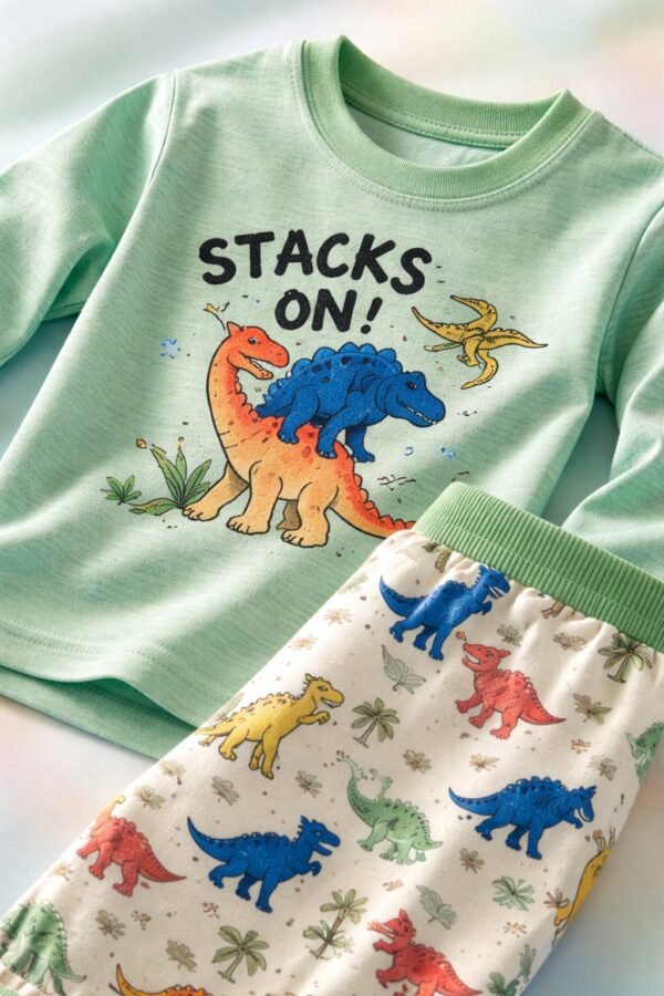 Çocuk Erkek Pijama Takımı Yeşil Beyaz Desenli Rahat ve Yumuşak - Gorsel 3