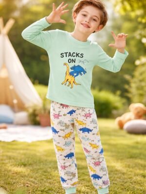 Çocuk Erkek Pijama Takımı Yeşil Beyaz Desenli Rahat ve Yumuşak