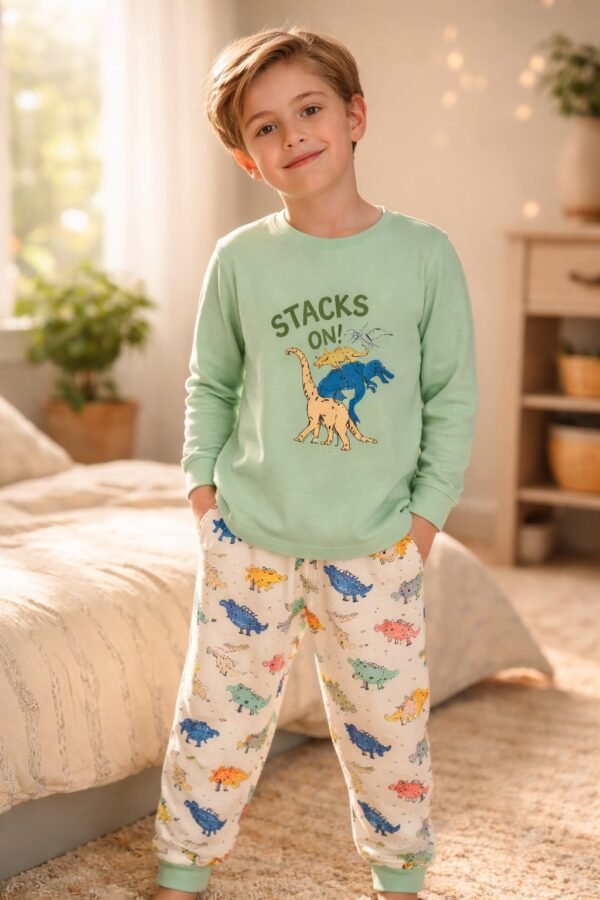 Çocuk Erkek Pijama Takımı Yeşil Beyaz Desenli Rahat ve Yumuşak - Gorsel 2