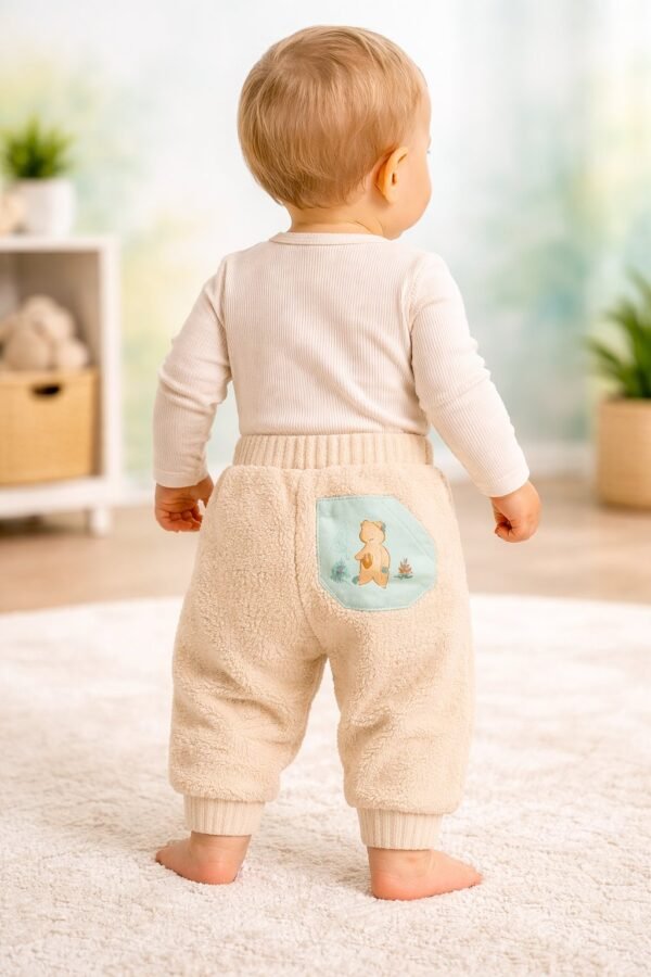 Erkek Bebek Peluş Pantolon Krem Renkli Baskılı ve Cepli Rahat Giyim - Gorsel 4