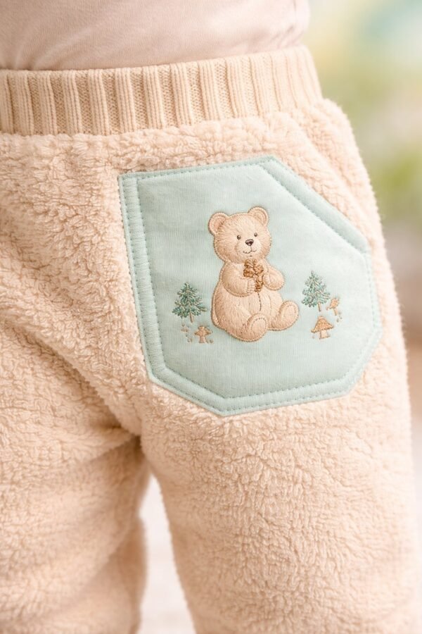 Erkek Bebek Peluş Pantolon Krem Renkli Baskılı ve Cepli Rahat Giyim - Gorsel 3