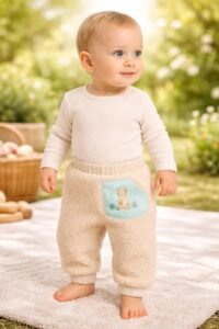 Erkek Bebek Beli Lastikli Kanguru Cepli Ayıcık Baskılı Peluş Alt Pantolon