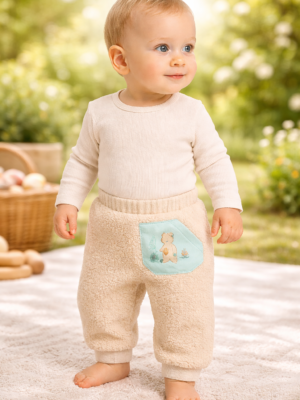 Erkek Bebek Pantolon Krem Peluş Ayıcık Baskılı Beli Lastikli ve Cepli