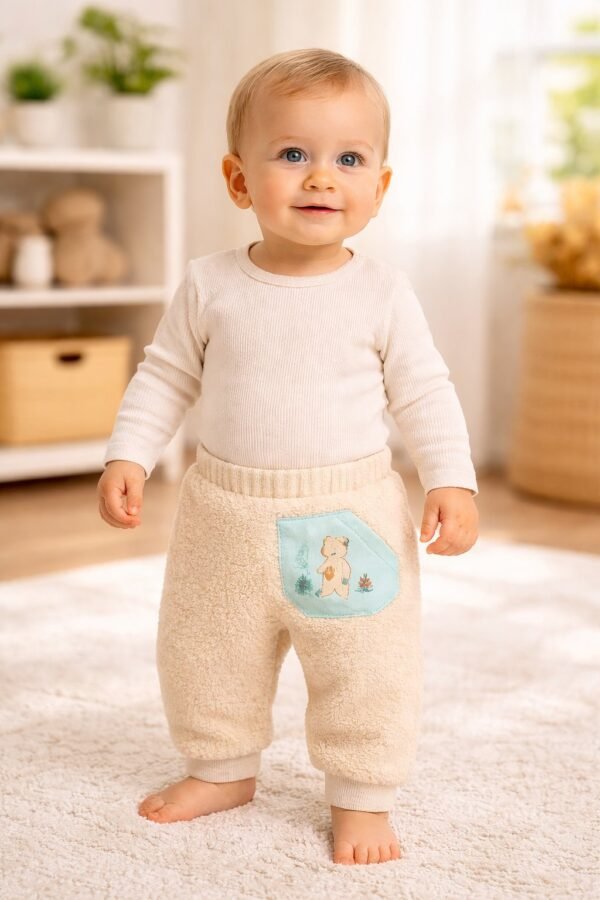 Erkek Bebek Peluş Pantolon Krem Renkli Baskılı ve Cepli Rahat Giyim - Gorsel 2