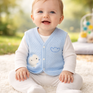 Erkek Bebek Civciv Baskılı Kapitone Mavi Renk Yelek, Bebek Giyim, Sevimli ve Rahat