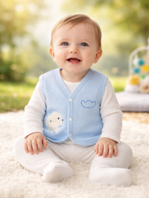 Erkek Bebek Civciv Baskılı Kapitone Mavi Renk Yelek, Bebek Giyim, Sevimli ve Rahat