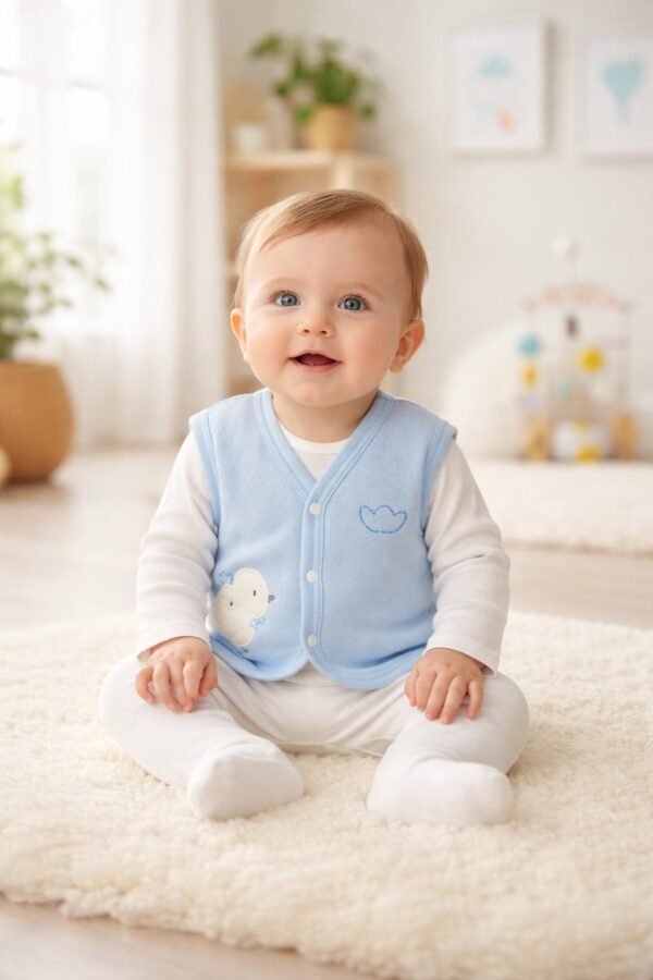 Erkek Bebek Civciv Baskılı Kapitone Mavi Renk Yelek - Bebek Giyim - Gorsel 2