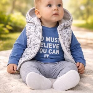 Erkek Bebek Çizgi Desenli Kapşonlu Yelekli Takım