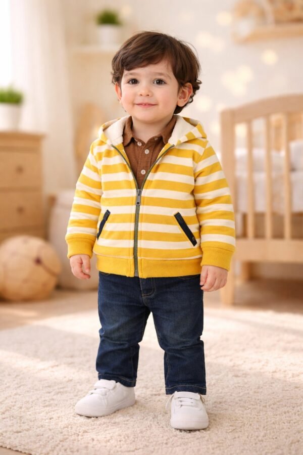 Kahve Erkek Bebek Çizgili Uzun Kollu Takım Fermuarlı Hırka Gömlek Pantolon rahat giyim - Gorsel 2