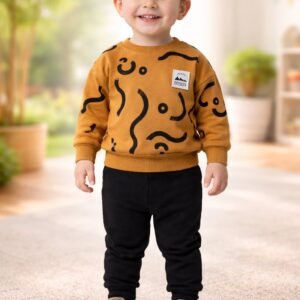 Erkek Bebek Çizgi Detaylı Uzun Kollu Kahverengi Takım, Bebek Giyim, Rahat ve Dayanıklı