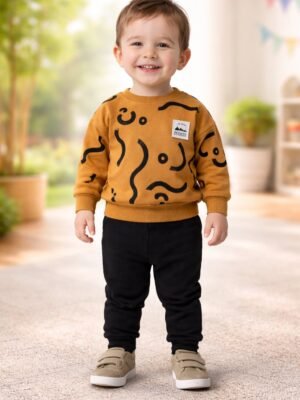 Erkek Bebek Çizgi Detaylı Uzun Kollu Kahverengi Takım, Bebek Giyim, Rahat ve Dayanıklı