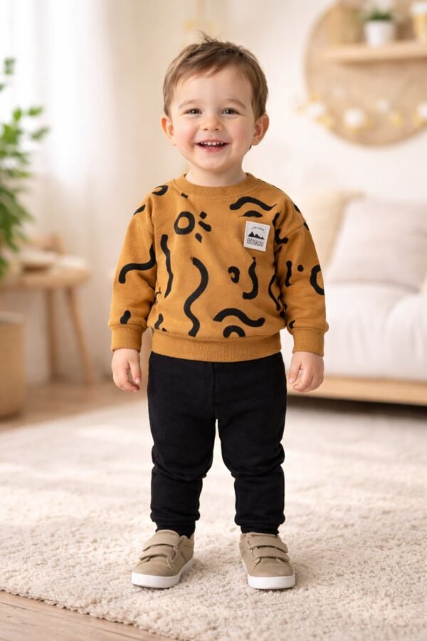 Erkek Bebek Çizgi Detaylı Uzun Kollu Kahverengi Takım, Bebek Giyim, Rahat ve Dayanıklı - Gorsel 2