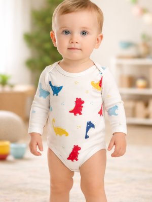 Erkek Bebek Dinozor Baskılı Uzun Kollu Çıtçıtlı Body rahat hareket sağlar
