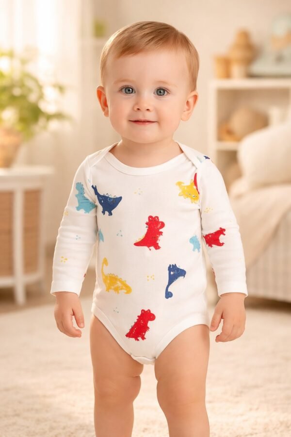 Erkek Bebek Dinozor Baskılı Uzun Kollu Çıtçıtlı Body Bebek Giyim - Gorsel 2