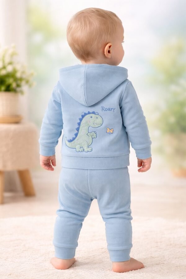 Bebek Erkek Dinozor İşlemeli Kapşonlu Zıbınlı 3'lü Takım, Erkek Bebek Giyim, Mavi Renkli Dinozor Desenli - Gorsel 4
