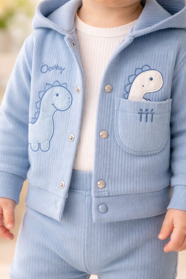 Bebek Erkek Dinozor İşlemeli Kapşonlu Zıbınlı 3'lü Takım, Erkek Bebek Giyim, Mavi Renkli Dinozor Desenli - Gorsel 3